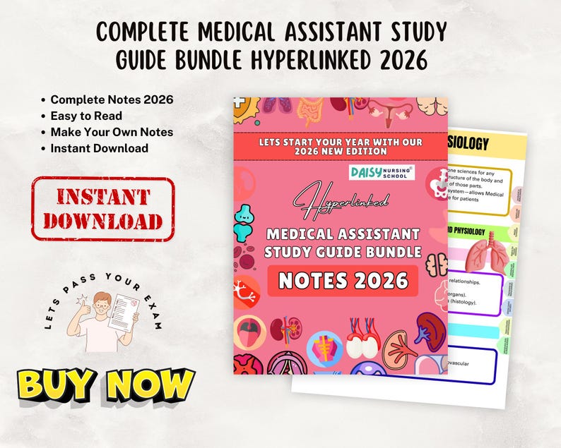 K&ouml;nnte beinhalten: Ein pinkfarbenes Medical Assistant Study Guide Bundle mit dem Text "Notes 2026" und "Hyperlinked". Das Bild enth&auml;lt auch den Text "Instant Download" und "Buy Now". Der Leitfaden ist f&uuml;r die Ausgabe 2026.