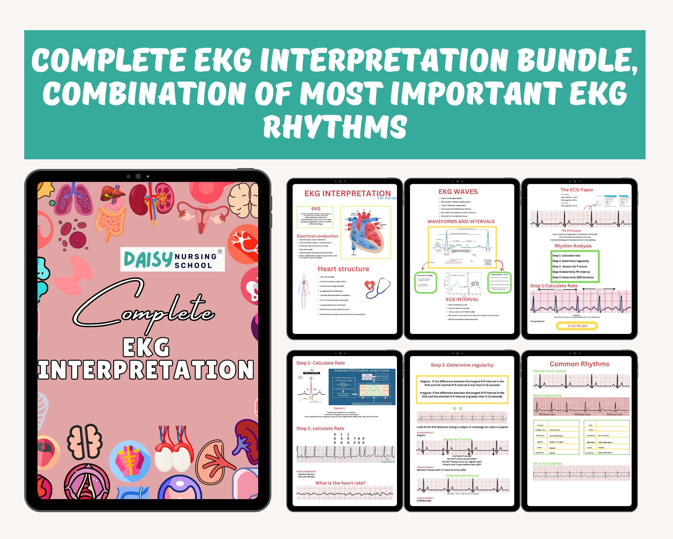 EKG Interpretation Nursing Study Guide, Cardiac Rhythms Cheat Sheet ...
