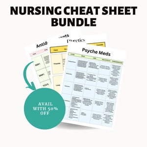 May include: A green circle with the text "Avail with 50% off" is in the foreground. The background shows three nursing cheat sheets with the titles "Antidepressants", "Narcotics", and "Psyche Meds". The cheat sheets are organized into columns with headings for "Class", "Drug", "Uses", "Side Effects", and "Considerations".