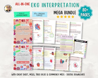 May include: An all-in-one ECG interpretation mega bundle featuring over 80 pages of study guides and cheat sheets. Includes digital downloads with 20 plus unique topics, fully hyperlinked, covering heart structure, ECG waves, and intervals.