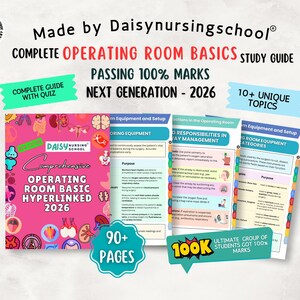 May include: A study guide titled "COMPLETE OPERATING ROOM BASICS" with the text "PASSING 100% MARKS" and "NEXT GENERATION - 2026". The guide includes "10+ UNIQUE TOPICS" and is "HYPERLINKED 2026".