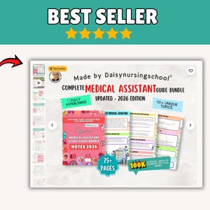 K&ouml;nnte beinhalten: Ein Studienf&uuml;hrer-Bundle f&uuml;r medizinische Fachangestellte mit dem Text "COMPLETE MEDICAL ASSISTANT GUIDE BUNDLE UPDATED - 2026 EDITION". Das Bild enth&auml;lt den Text "FULLY HYPERLINKED", "75+ PAGES" und "10+ UNIQUE TOPICS". Das Bild enth&auml;lt auch den Text "100K".