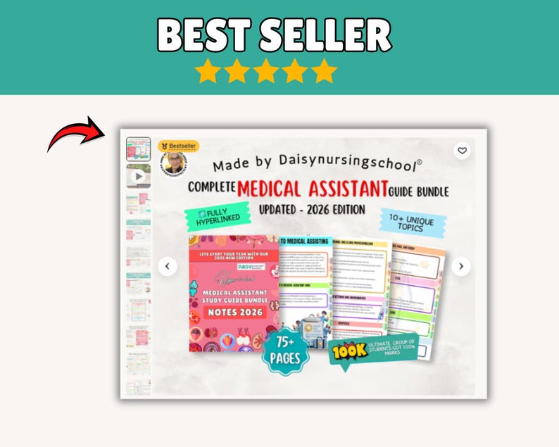 K&ouml;nnte beinhalten: Ein Studienf&uuml;hrer-Bundle f&uuml;r medizinische Fachangestellte mit dem Text "COMPLETE MEDICAL ASSISTANT GUIDE BUNDLE UPDATED - 2026 EDITION". Das Bild enth&auml;lt den Text "FULLY HYPERLINKED", "75+ PAGES" und "10+ UNIQUE TOPICS". Das Bild enth&auml;lt auch den Text "100K".