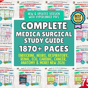 May include: A selection of medical study guides titled "COMPLETE MEDICA SURGICAL STUDY GUIDE" with the text "1870+ PAGES". The guides cover topics including endocrine, neuro, respiratory, and renal systems. The image features a "BEST SELLER" badge and a "75% OFF" promotion.