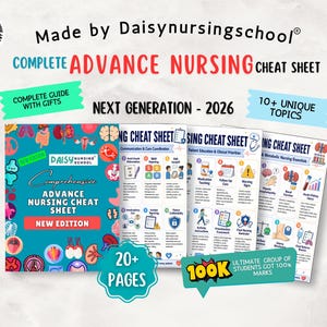 May include: A set of nursing cheat sheets titled Comprehensive Advance Nursing Cheat Sheet New Edition, featuring 20+ pages of medical information, anatomical illustrations, and clinical guidelines for the Next Generation 2026 curriculum.