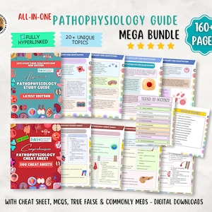 May include: An all-in-one pathophysiology guide mega bundle featuring 160+ pages of study materials, including a pathophysiology study guide, comprehensive cheat sheets, table of contents, and digital downloads with MCQs and commonly used meds.