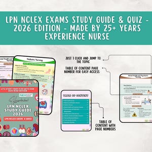 May include: An LPN NCLEX exams study guide and quiz, 2026 edition, created by an experienced nurse. The guide features a table of contents with page numbers for easy topic navigation. Examples of study pages are also shown.