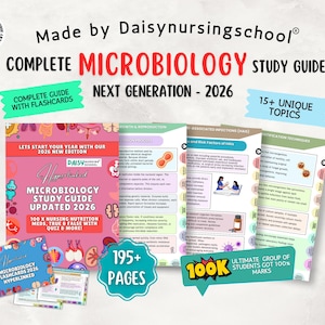 May include: A complete microbiology study guide with flashcards, updated for 2026. The guide includes 15+ unique topics and 195+ pages. The guide is designed for nursing students and includes information on nutrition, meds, and quizzes.
