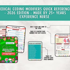 以下が含まれることがあります： ターコイズ色のバナーには「MEDICAL CODING MODIFIERS QUICK REFERENCE - 2026 EDITION - MADE BY 25+ YEARS EXPERIENCE NURSE」と表示されています。目次や例など、いくつかのデジタルリファレンスページが表示されています。