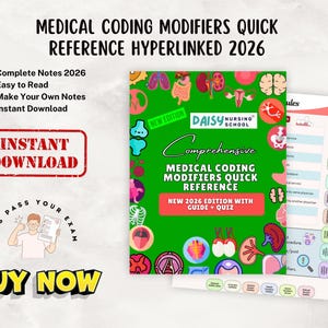 以下が含まれることがあります： 「Medical Coding Modifiers Quick Reference Hyperlinked 2026」というタイトルの医療リファレンスガイド。表紙は緑色で、カラフルなイラストと「Comprehensive Medical Coding Modifiers Quick Reference」というテキストが書かれています。「Instant Download」と「Buy Now」のボタンが含まれています。