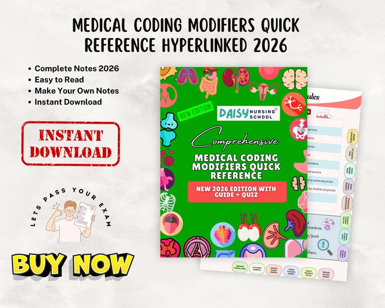 以下が含まれることがあります： 「Medical Coding Modifiers Quick Reference Hyperlinked 2026」というタイトルの医療リファレンスガイド。表紙は緑色で、カラフルなイラストと「Comprehensive Medical Coding Modifiers Quick Reference」というテキストが書かれています。「Instant Download」と「Buy Now」のボタンが含まれています。