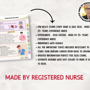 May include: A study guide for LPN NCLEX exams, with information on respiratory disorders. The guide includes mnemonics with visuals and is designed to help students prepare for their nursing career. The text reads "Made by Registered Nurse."