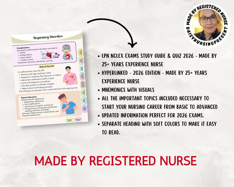 May include: A study guide for LPN NCLEX exams, with information on respiratory disorders. The guide includes mnemonics with visuals and is designed to help students prepare for their nursing career. The text reads "Made by Registered Nurse."