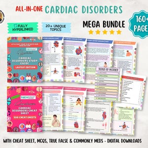May include: An all-in-one cardiac disorders mega bundle featuring over 160 pages of study guides and cheat sheets. The digital download includes 20 plus unique topics, fully hyperlinked content, multiple choice questions, true or false sections, and commonly used medications for nursing students.
