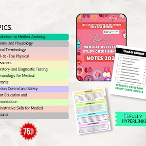 K&ouml;nnte beinhalten: Ein Studienf&uuml;hrer-Bundle f&uuml;r medizinische Fachangestellte mit pinkfarbenem Cover, mit dem Text "Medical Assistant Study Guide Bundle Notes 2026". Das Bild enth&auml;lt auch ein Inhaltsverzeichnis und eine Liste von Themen.