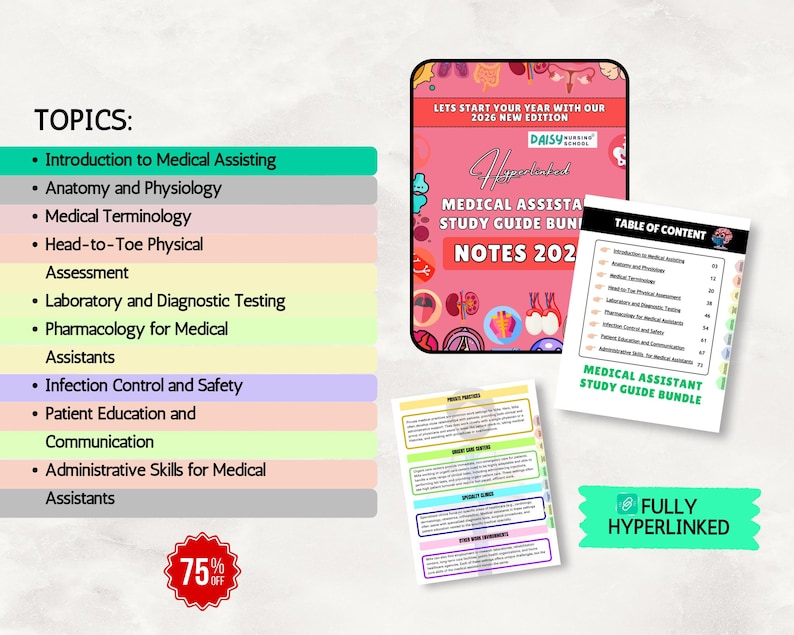 K&ouml;nnte beinhalten: Ein Studienf&uuml;hrer-Bundle f&uuml;r medizinische Fachangestellte mit pinkfarbenem Cover, mit dem Text "Medical Assistant Study Guide Bundle Notes 2026". Das Bild enth&auml;lt auch ein Inhaltsverzeichnis und eine Liste von Themen.