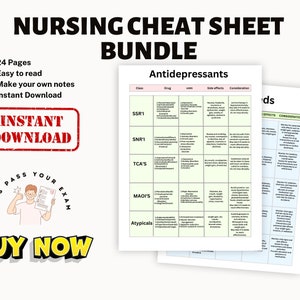 May include: A printable nursing cheat sheet bundle with 24 pages of information on antidepressants. The cheat sheet includes a table with the class, drug, uses, side effects, and considerations for each type of antidepressant. The bundle also includes a section on "Instant Download" and a cartoon illustration of a person passing an exam.