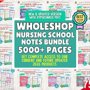 Puede incluir: Imagen promocional para un paquete de notas de escuela de enfermería. La imagen presenta múltiples guías de estudio con títulos como "Gastrointestinal" y "Cuidados Críticos". El texto central dice "Wholeshop Nursing School Notes Bundle 5000+ Pages."