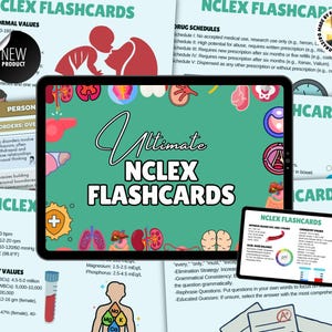 May include: A collection of NCLEX flashcards displayed on a tablet and smaller device. The main tablet shows "Ultimate NCLEX FLASHCARDS" in a stylized font. Other cards display medical information, including vital signs and drug schedules.