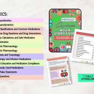 May include: A digital NCLEX study guide featuring a green cover with anatomical illustrations, a table of contents page, and a sample page on drug reactions. The text includes topics like Pharmacokinetics and Dosage Calculations.