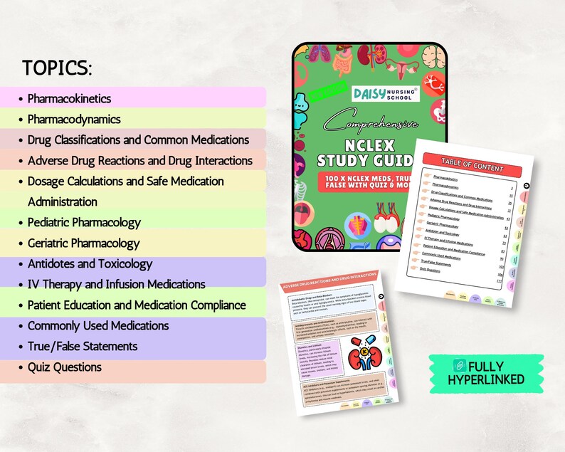 May include: A digital NCLEX study guide featuring a green cover with anatomical illustrations, a table of contents page, and a sample page on drug reactions. The text includes topics like Pharmacokinetics and Dosage Calculations.