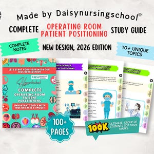 以下が含まれることがあります： 手術室での患者ポジショニングに関する学習ガイド。完全なノート、10以上のユニークなトピック、100ページ以上が含まれています。表紙はイラストとテキストが入ったティール色です。2026年版です。