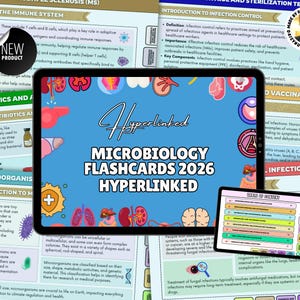 以下が含まれることがあります： 青い背景に「微生物学フラッシュカード2026ハイパーリンク」が表示されたデジタルタブレット。小さなフラッシュカードも表示されています。画像には、医療および科学の図とテキストが含まれており、「新製品」ステッカーが付いています。