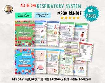May include: A digital study guide bundle titled All-In-One Respiratory System Mega Bundle with 160+ pages. Includes a respiratory system study guide, cheat sheets, MCQs, true or false questions, and commonly used medications for nursing students.