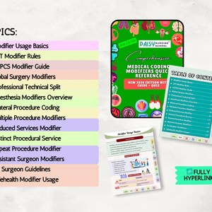 以下が含まれることがあります： 「Comprehensive Medical Coding Modifiers Quick Reference」というタイトルの医療リファレンスガイド。緑色の表紙に「New 2026 Edition with Guide + Quiz」と書かれています。目次と医療情報が記載されたページも表示されています。
