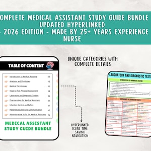 K&ouml;nnte beinhalten: Ein medizinisches Studienf&uuml;hrer-Bundle mit dem Text "COMPLETE MEDICAL ASSISTANT STUDY GUIDE BUNDLE" und "2026 EDITION". Der Leitfaden enth&auml;lt ein Inhaltsverzeichnis und einen Abschnitt zu Labor- und Diagnostiktests. Der Leitfaden wird von einer Krankenschwester mit &uuml;ber 25 Jahren Erfahrung erstellt.