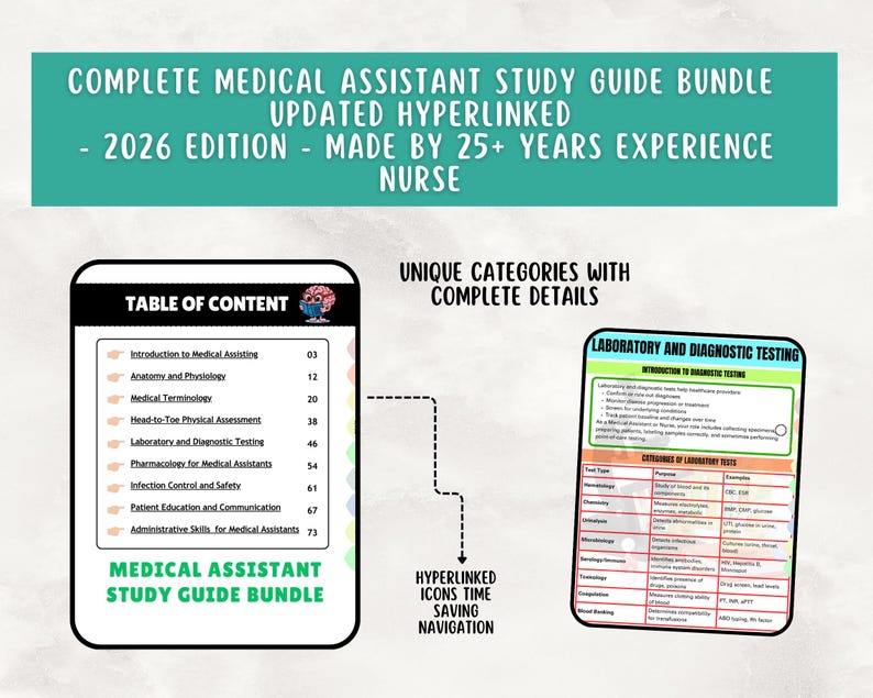 K&ouml;nnte beinhalten: Ein medizinisches Studienf&uuml;hrer-Bundle mit dem Text "COMPLETE MEDICAL ASSISTANT STUDY GUIDE BUNDLE" und "2026 EDITION". Der Leitfaden enth&auml;lt ein Inhaltsverzeichnis und einen Abschnitt zu Labor- und Diagnostiktests. Der Leitfaden wird von einer Krankenschwester mit &uuml;ber 25 Jahren Erfahrung erstellt.