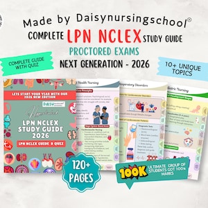 May include: A study guide for the LPN NCLEX exam, featuring a teal cover with the text "LPN NCLEX STUDY GUIDE 2026." The guide includes over 120 pages and covers 10+ unique topics. Additional text includes "Complete Guide with Quiz" and "Next Generation - 2026."