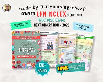 May include: A study guide for the LPN NCLEX exam, featuring a teal cover with the text "LPN NCLEX STUDY GUIDE 2026." The guide includes over 120 pages and covers 10+ unique topics. Additional text includes "Complete Guide with Quiz" and "Next Generation - 2026."