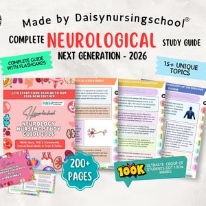 Könnte beinhalten: Ein vollständiger neurologischer Studienführer mit Karteikarten, mit dem Text "NEUROLOGY NURSING STUDY GUIDE 2026". Der Leitfaden umfasst über 200 Seiten und behandelt über 15 einzigartige Themen. Der Leitfaden stammt von Daisynursingschool.