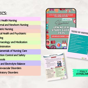 May include: A selection of nursing study resources, including a guide titled "LPN NCLEX Study Guide 2026" and a table of contents. The guide has a green and red cover with medical illustrations. Topics include adult health, maternal care, and pharmacology.