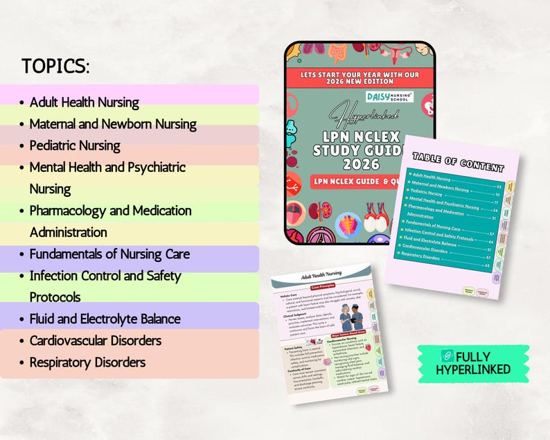 May include: A selection of nursing study resources, including a guide titled "LPN NCLEX Study Guide 2026" and a table of contents. The guide has a green and red cover with medical illustrations. Topics include adult health, maternal care, and pharmacology.