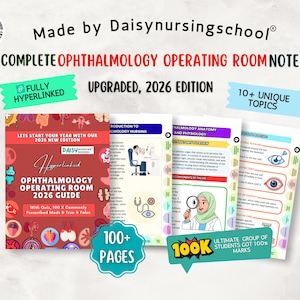 Könnte beinhalten: Lehrmaterialien für die Augenheilkunde, darunter Notizen und ein Leitfaden. Die Materialien tragen die Titel "Complete Ophthalmology Operating Room Notes" und "Ophthalmology Operating Room 2026 Guide". Der Leitfaden enthält Quizfragen und ist vollständig verlinkt.