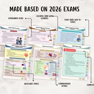 May include: A set of study guides for nursing exams, with the text "MADE BASED ON 2026 EXAMS." The guides cover topics such as adult health nursing, mental health, pharmacology, and respiratory disorders. Each guide features colourful elements and is labelled with descriptive text.