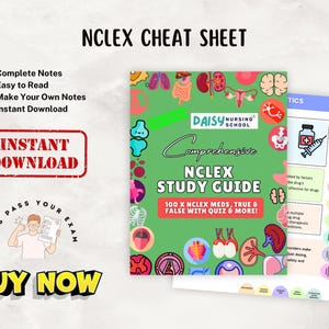 May include: A green NCLEX study guide cover featuring colorful anatomical illustrations, the text Daisy Nursing School, Comprehensive NCLEX Study Guide, and 100 x NCLEX Meds, True & False with Quiz & More, alongside a secondary page with medical icons.