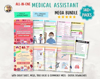 May include: An all-in-one medical assistant mega bundle featuring over 140 pages of study guides and 500 cheat sheets. The digital download includes hyperlinked content, 20 unique topics, anatomy illustrations, tables of content, and medical practice information.