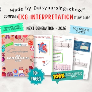 以下が含まれることがあります： Daisynursingschoolによる「COMPLETE EKG INTERPRETATION STUDY GUIDE」というタイトルの学習ガイド。このガイドにはフラッシュカードが含まれており、10以上のトピックをカバーしており、次世代の学生向けです。ガイドの表紙には「Comprehensive EKG Interpretation 2026」というタイトルが記載されています。