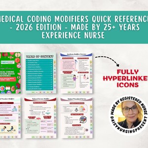 以下が含まれることがあります： 「Medical Coding Modifiers Quick Reference - 2026 Edition」というタイトルの医療コーディングリファレンスガイド。 25年以上の経験を持つ登録看護師が作成。完全にハイパーリンクされたアイコンとイラスト付きの緑色の表紙が特徴です。