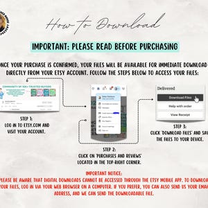 May include: An instructional graphic with the text "How to Download" and "Important: Please Read Before Purchasing." It shows steps to download files from Etsy, including logging in, finding purchases, and saving files.