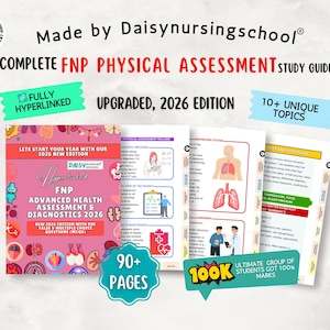 May include: A study guide for FNP physical assessment, featuring a pink cover with the text "FNP Advanced Health Assessment & Diagnostics 2026." The guide includes over 90 pages and 10+ unique topics. The text "Upgraded, 2026 Edition" is also visible.