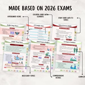 以下が含まれることがあります： 「MADE BASED ON 2026 EXAMS」と「STUDY GUIDE WITH 15+ TOPICS」のテキストが入った学習ガイド。カラフルな要素とハイパーリンクアイコンが含まれています。Modifier Usage BasicsやCo-Surgeon Guidelinesなどのトピックをカバーしています。