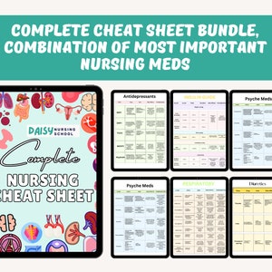 May include: A digital tablet displaying a nursing cheat sheet bundle. The bundle includes cheat sheets for antidepressants, insulin, psyche meds, respiratory medications, and diuretics. The cheat sheets are organized in a grid format with columns for drug name, class, side effects, and contraindications. The tablet is on a light blue background.