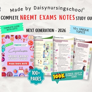 May include: A comprehensive NREMT exams study guide by Daisynursingschool for 2026, featuring over 100 pages of medical notes. The cover is light purple with colorful anatomical illustrations, and the interior pages detail topics like legal ethics, trauma care, and risk management.