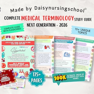 May include: A medical terminology study guide by Daisynursingschool. The guide includes flashcards, covers 15+ topics, and has over 175 pages. The guide is for the next generation and includes medical terminology volume II.