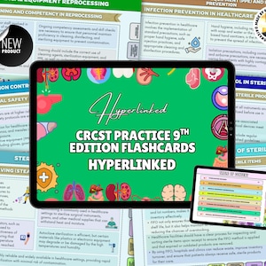 Può includere: Un tablet digitale mostra "CRCST Practice 9th Edition Flashcards" con collegamenti ipertestuali, progettato per i professionisti sanitari. L'immagine include schede didattiche e informazioni sulla sterilizzazione e il controllo delle infezioni.