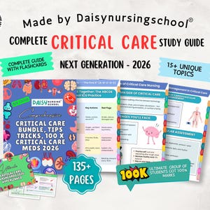 May include: A comprehensive critical care study guide with flashcards. The guide includes 15+ unique topics, tips, tricks, and 100+ critical care meds. The guide is for the next generation of nurses and has 135+ pages.